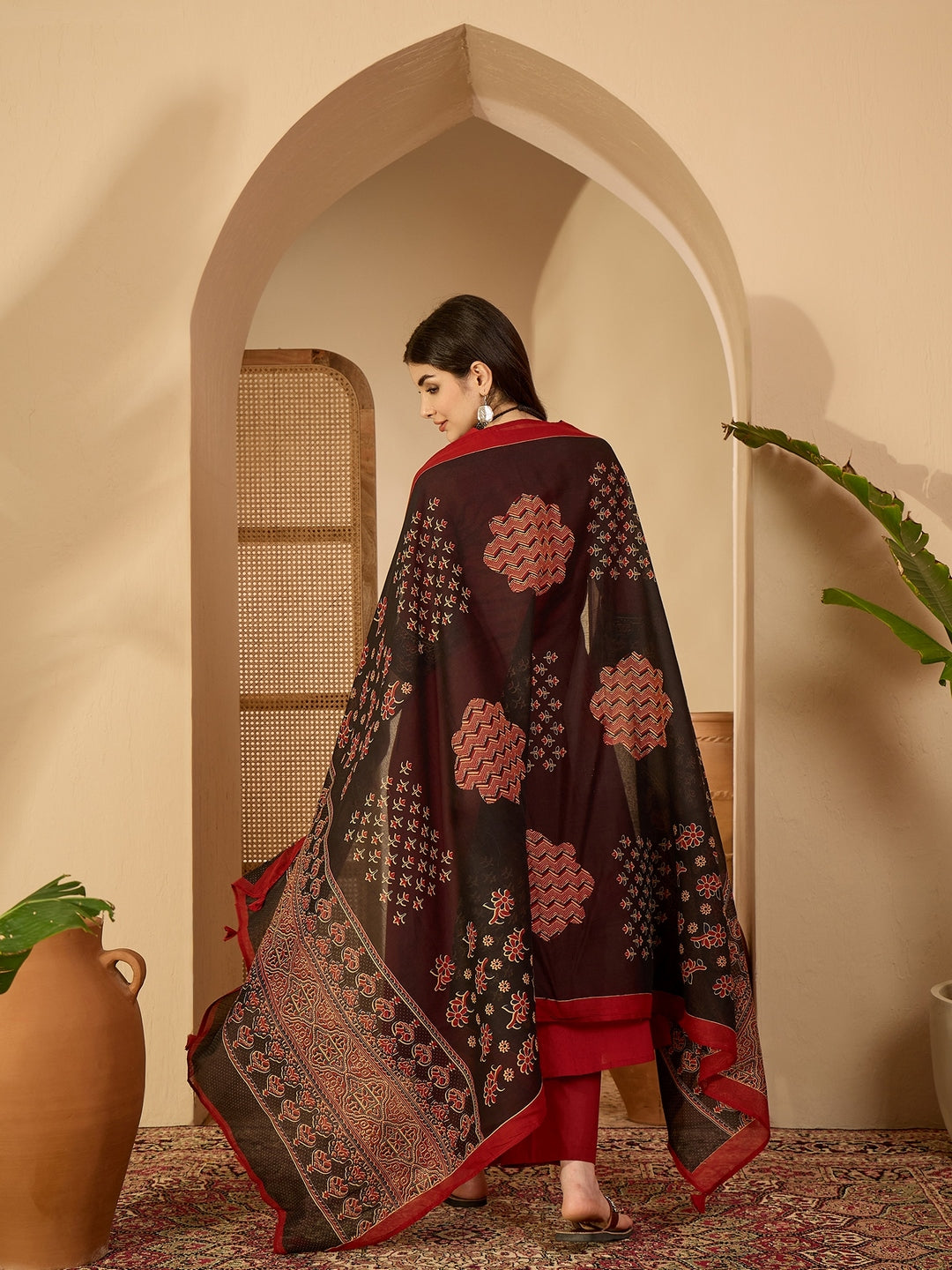 Rayon Calf Length Solid 3/4 Sleeve V-Neck Flared Kurta Suit Set With Dupatta