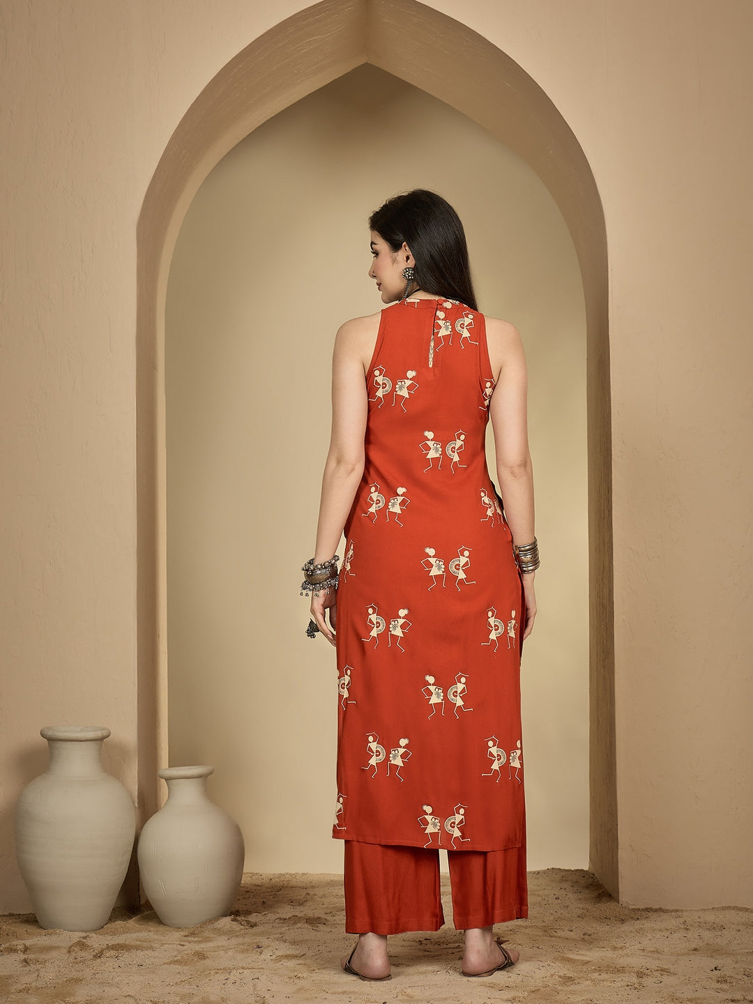 Rayon Calf Length Printed Sleeveless Round Neck A-Line Kurta Suit Set (Preorder)