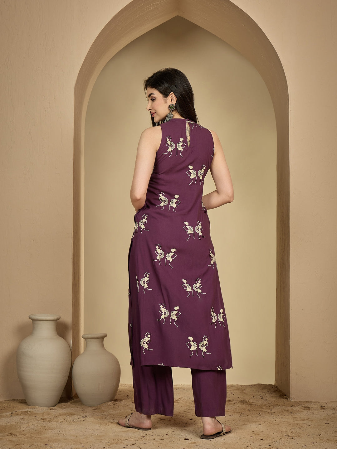 Rayon Calf Length Printed Sleeveless Round Neck A-Line Kurta Suit Set (Preorder)
