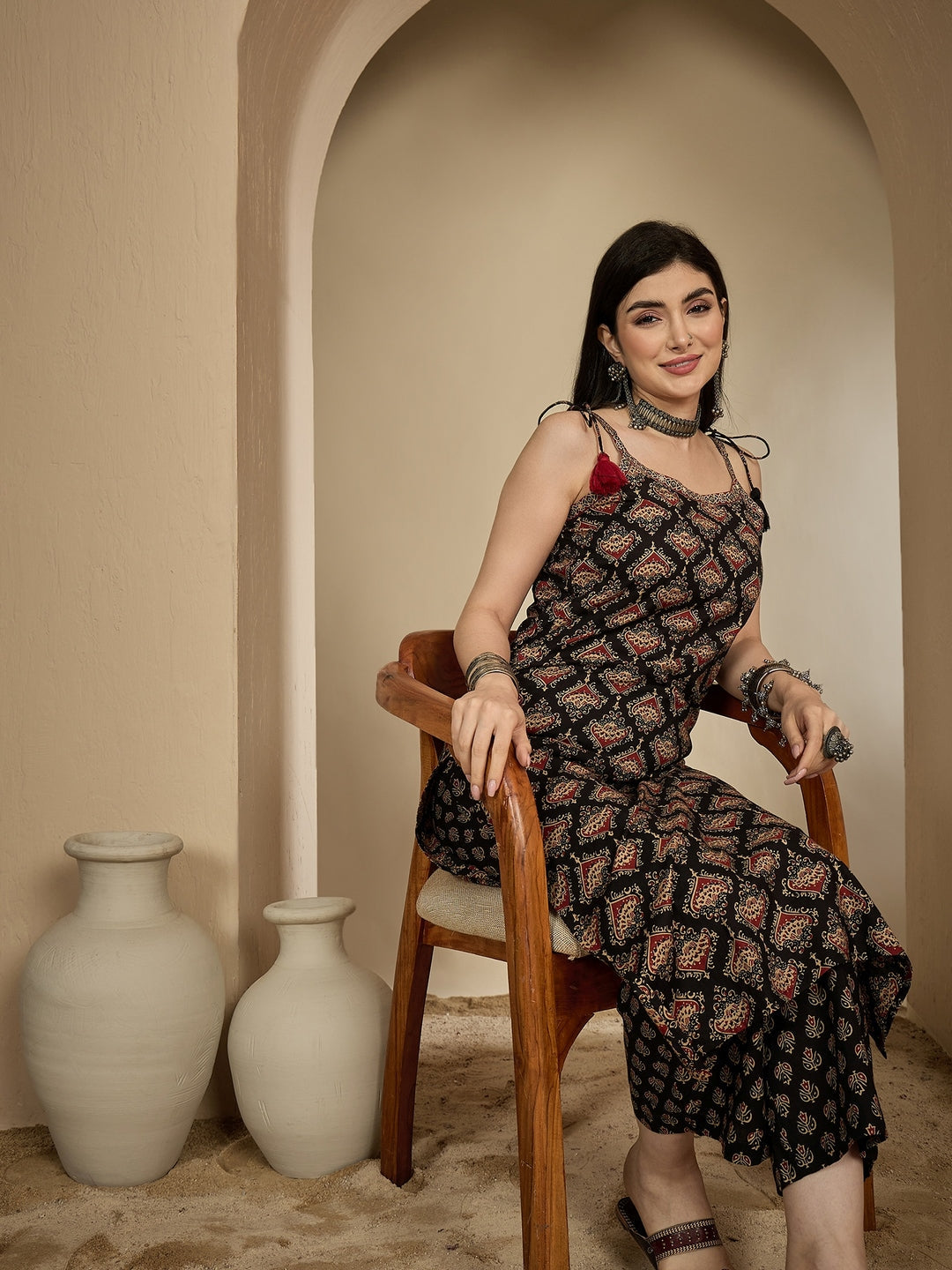 Rayon Calf Length Printed Strappy Sleeve Round Neck A-Line Kurta Suit Set