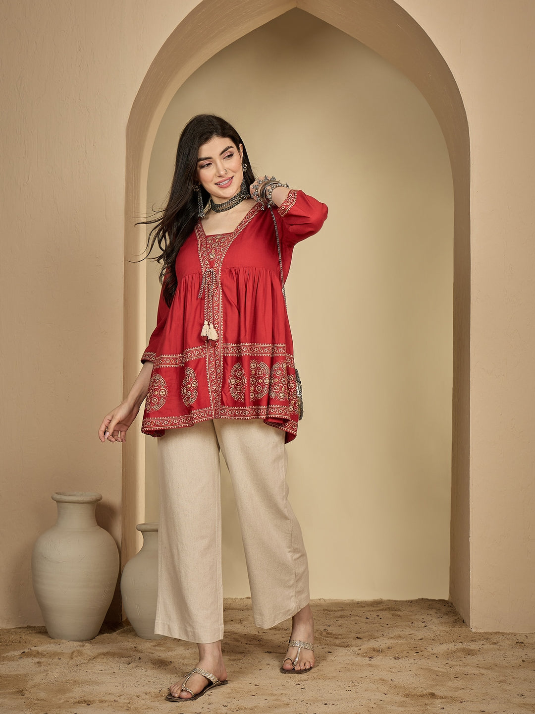 Rayon Hip Length Printed 3/4 Sleeve Square Flared Top