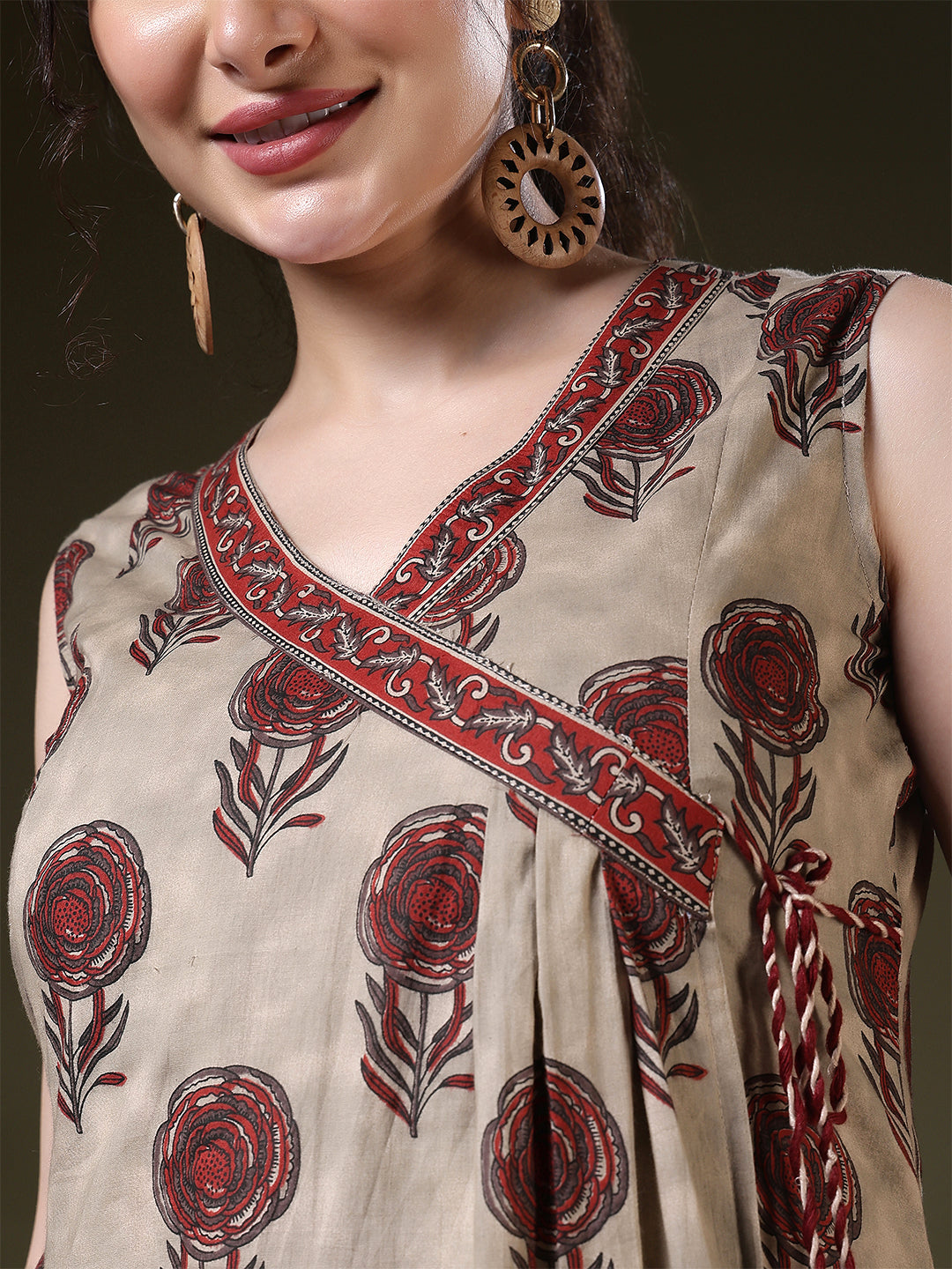 A-line Printed Viscose Rayon V-Neck Kurta
