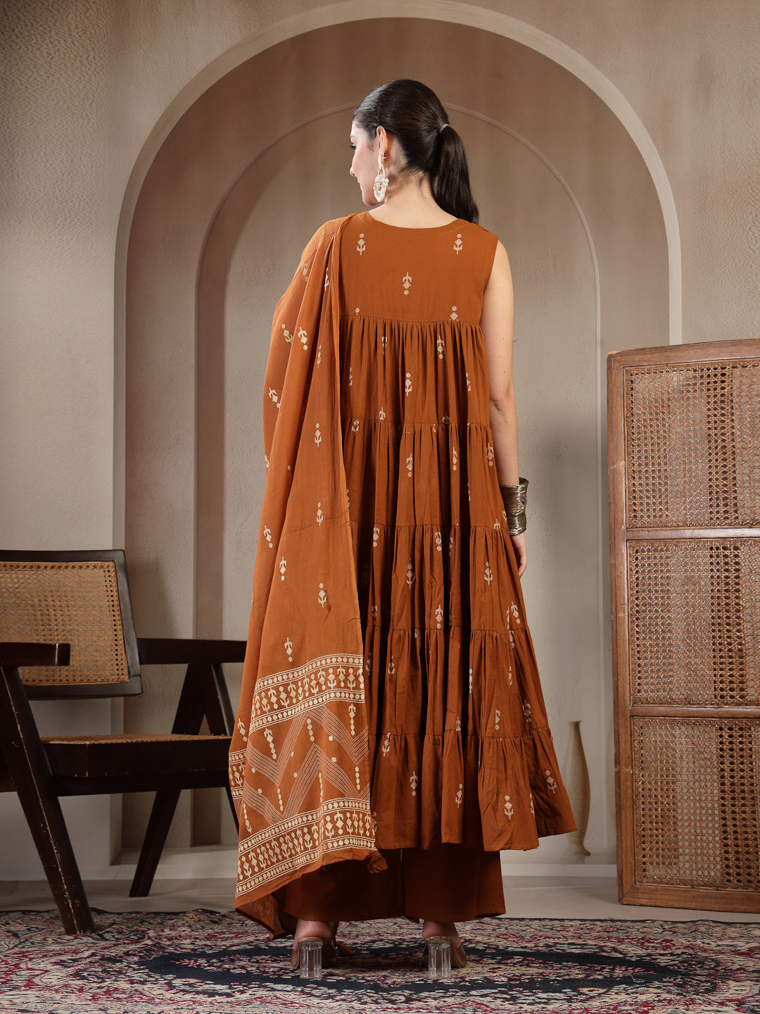 Cotton Calf Length Printed Sleeveless Round Neck Flared Kurta Suit Set With Dupatta