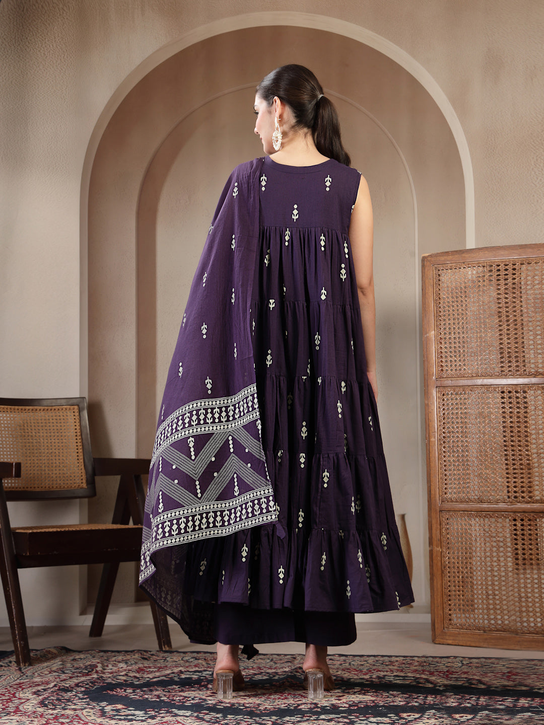 Cotton Calf Length Printed Sleeveless Round Neck Flared Kurta Suit Set With Dupatta