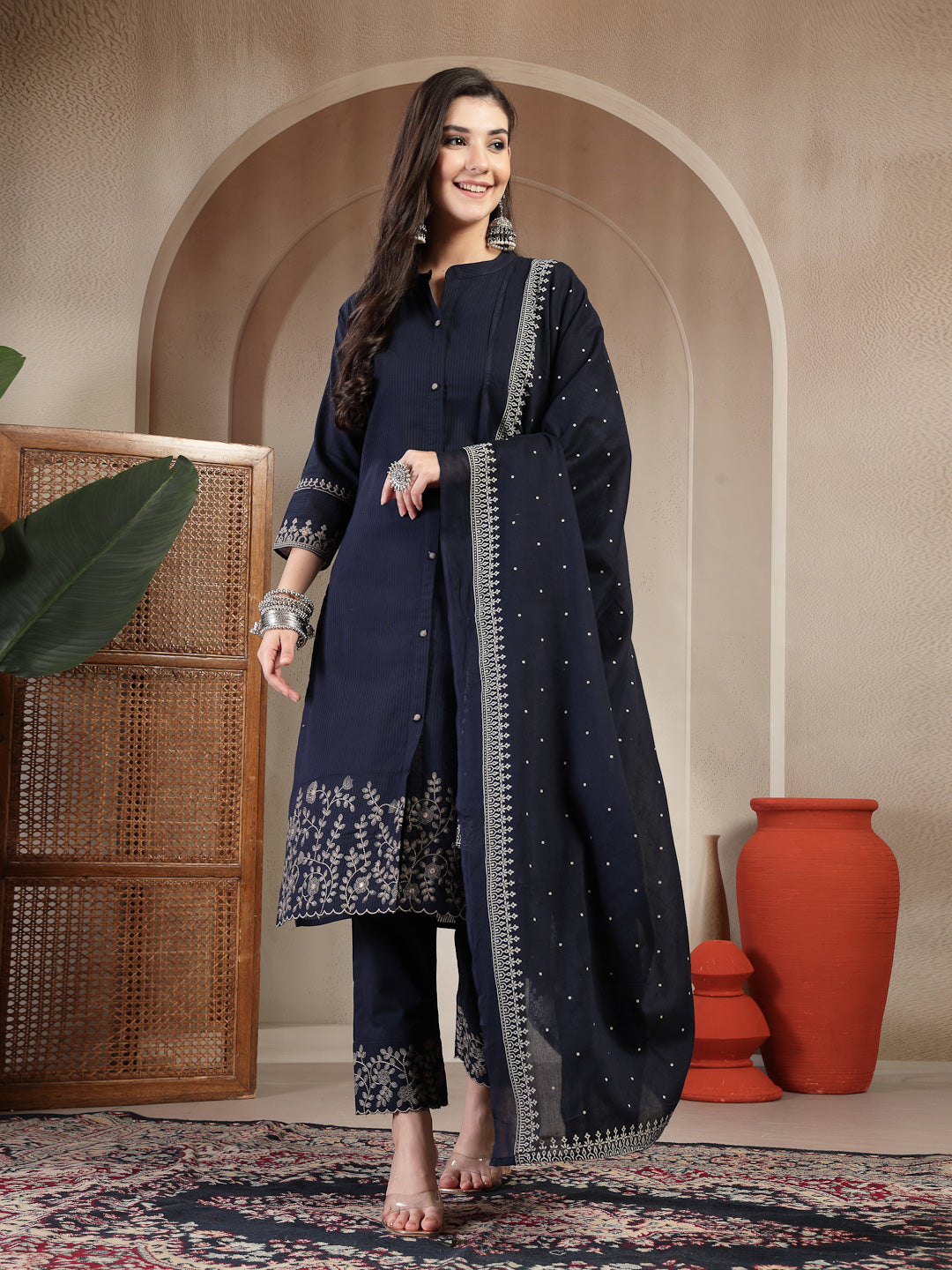 Cotton Calf Length Solid 3/4 Sleeve Mandarin Collar Straight Kurta Suit Set With Dupatta (Pre-Order)