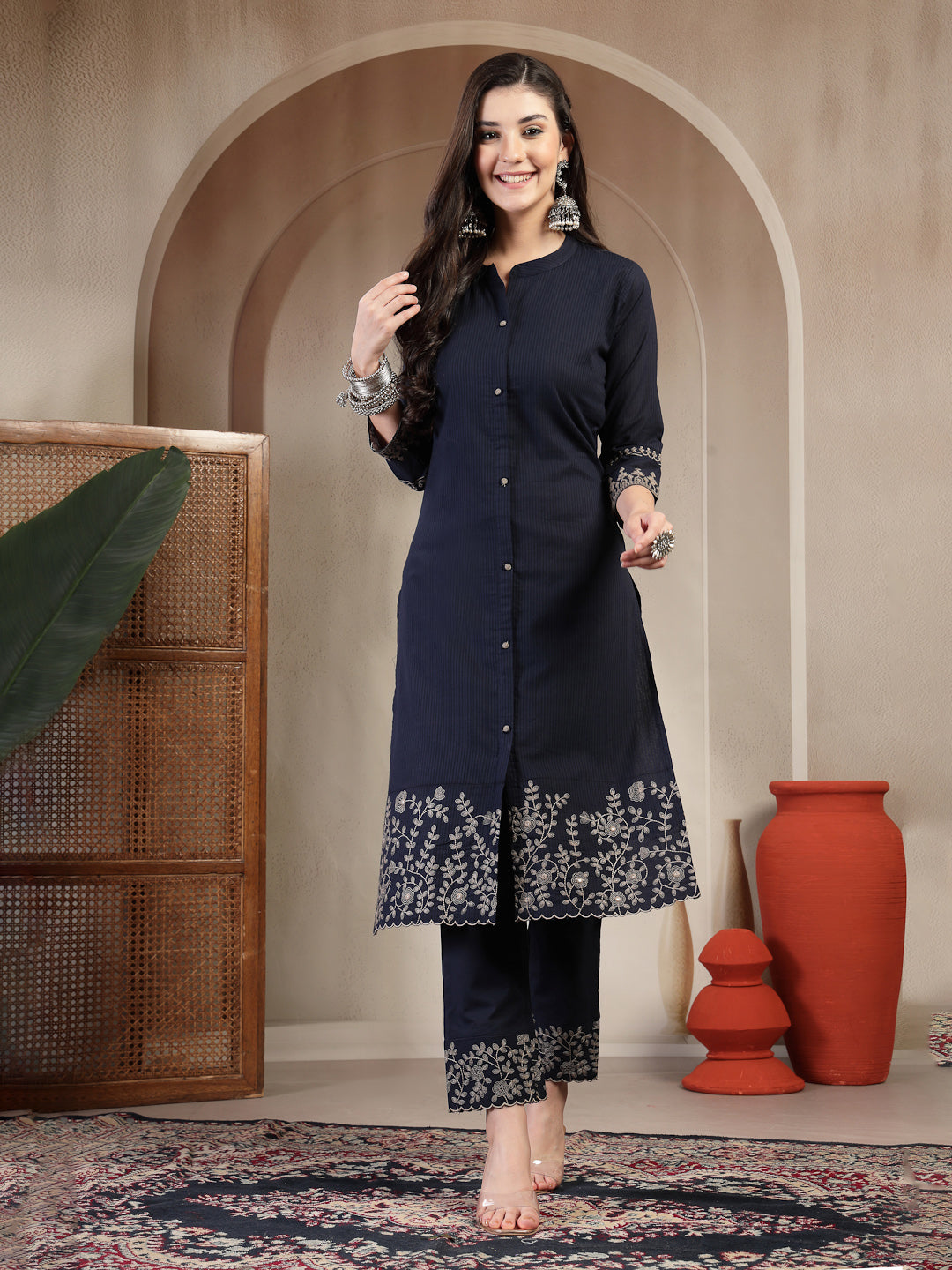 Cotton Calf Length Solid 3/4 Sleeve Mandarin Collar Straight Kurta Suit Set With Dupatta (Pre-Order)
