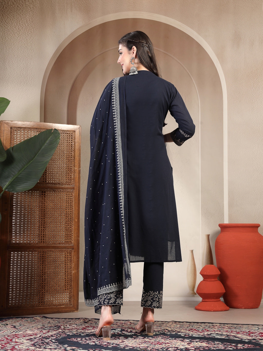 Cotton Calf Length Solid 3/4 Sleeve Mandarin Collar Straight Kurta Suit Set With Dupatta