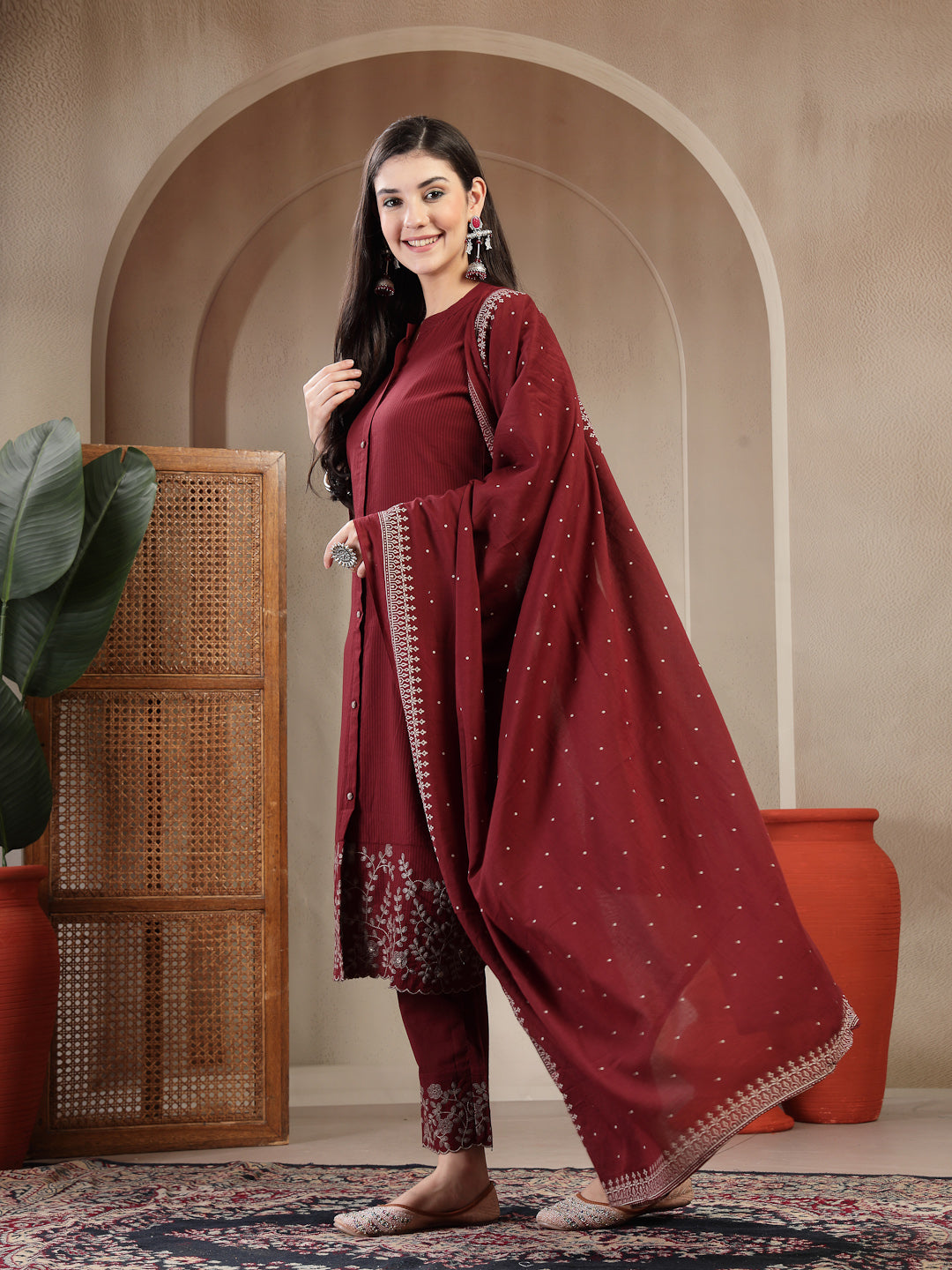 Cotton Calf Length Solid 3/4 Sleeve Mandarin Collar Straight Kurta Suit Set With Dupatta