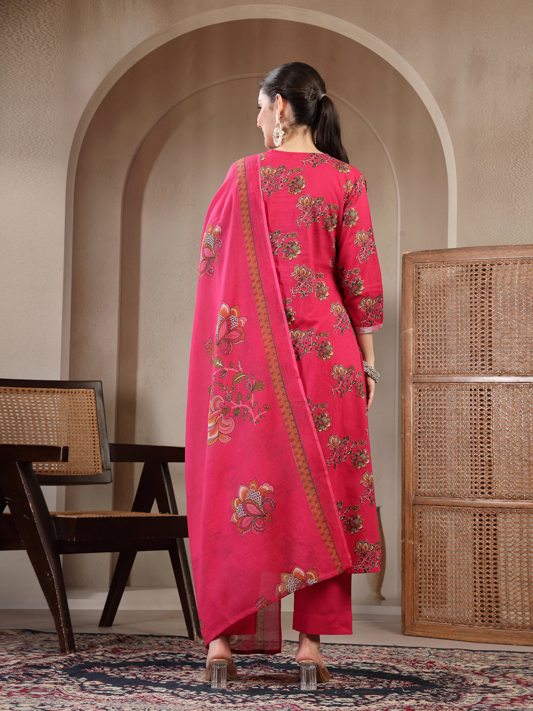 Cotton Calf Length Printed 3/4 Sleeve Round Neck A Line Kurta Suit Set With Dupatta