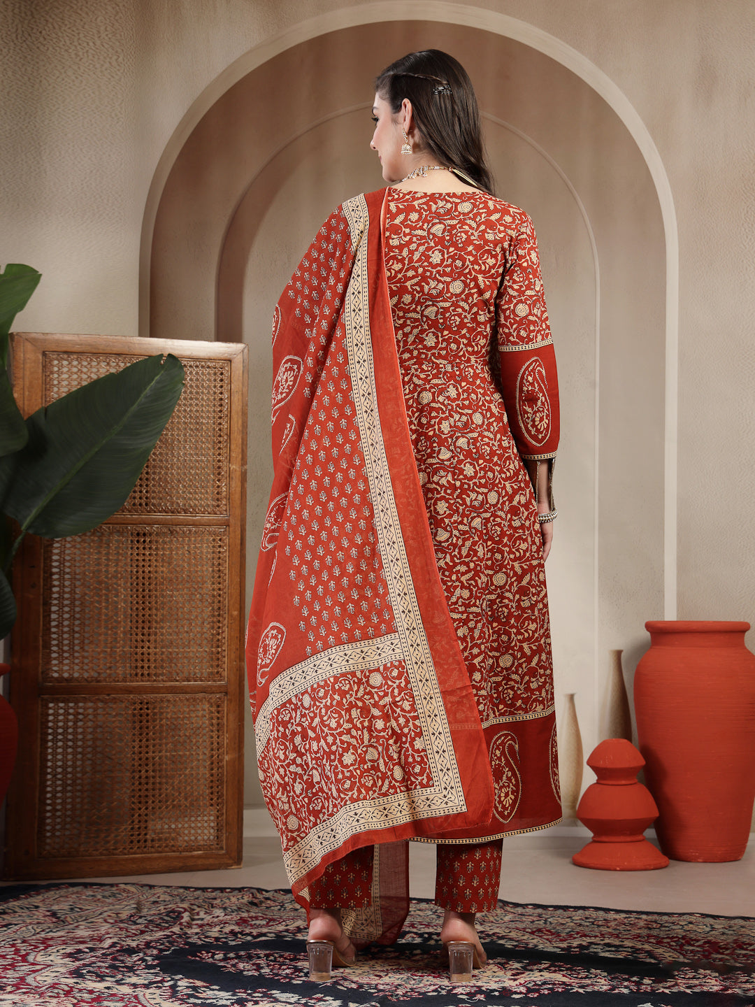 Cotton Calf Length Printed 3/4 Sleeve V Neck Flared Kurta Suit Set With Dupatta