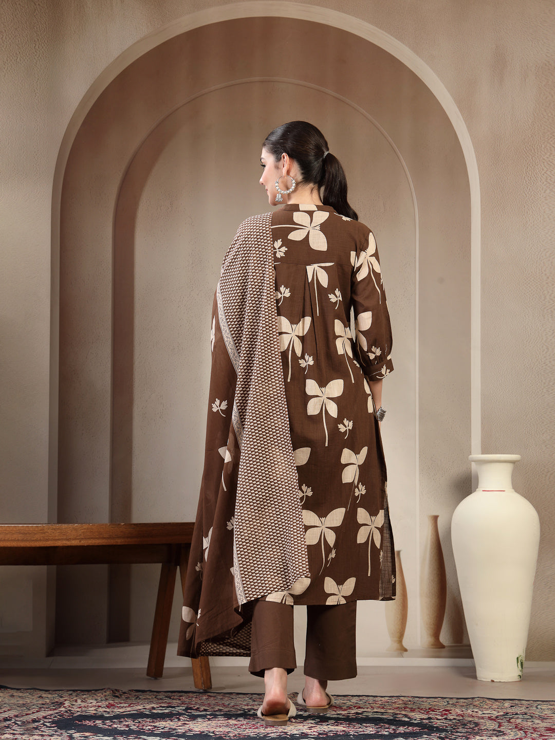 Cotton Calf Length Printed 3/4 Sleeve Mandarin Collar Straight Kurta Suit Set With Dupatta