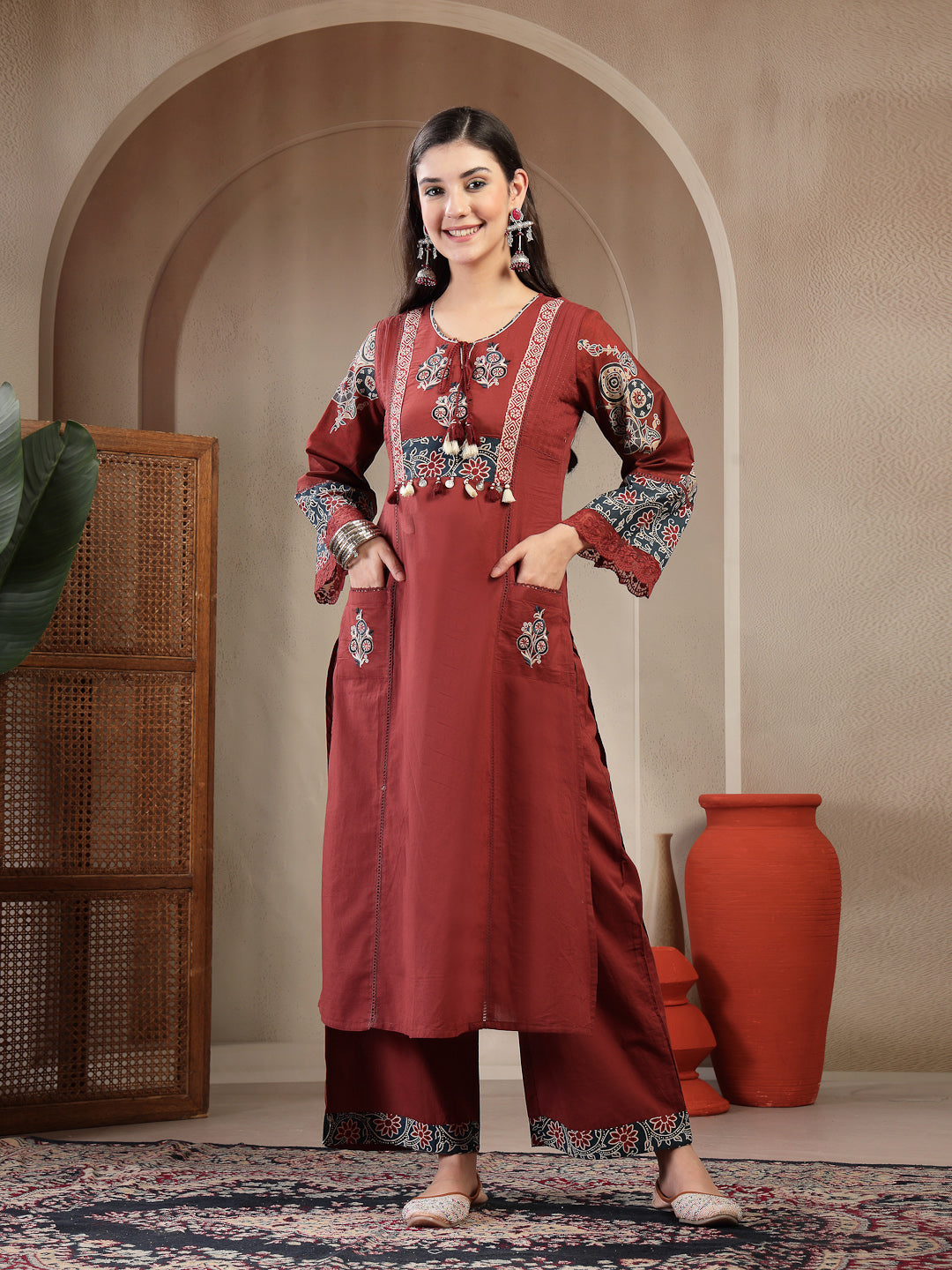 Rayon Calf Length Solid 3/4 Sleeve Round Neck Straight Kurta Suit Set With Dupatta (Pre-Order)