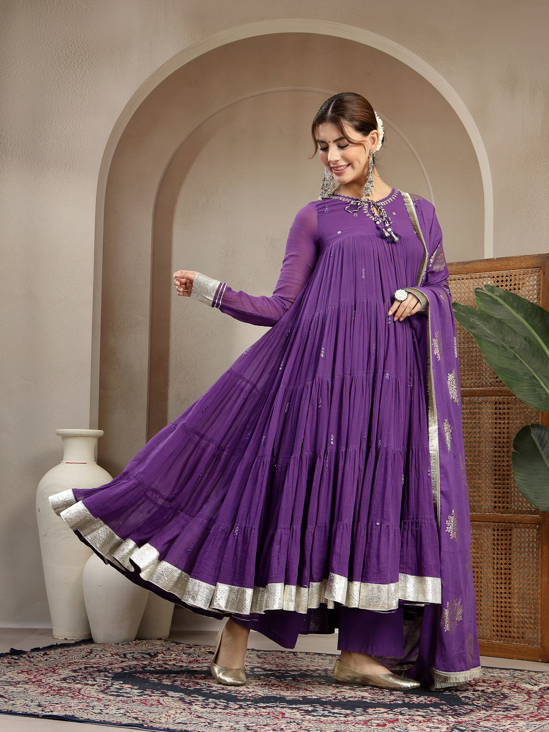 Malmal Calf Length Solid Full Sleeve Key Hole Neck Anarkali Lining Kurta Suit With Dupatta