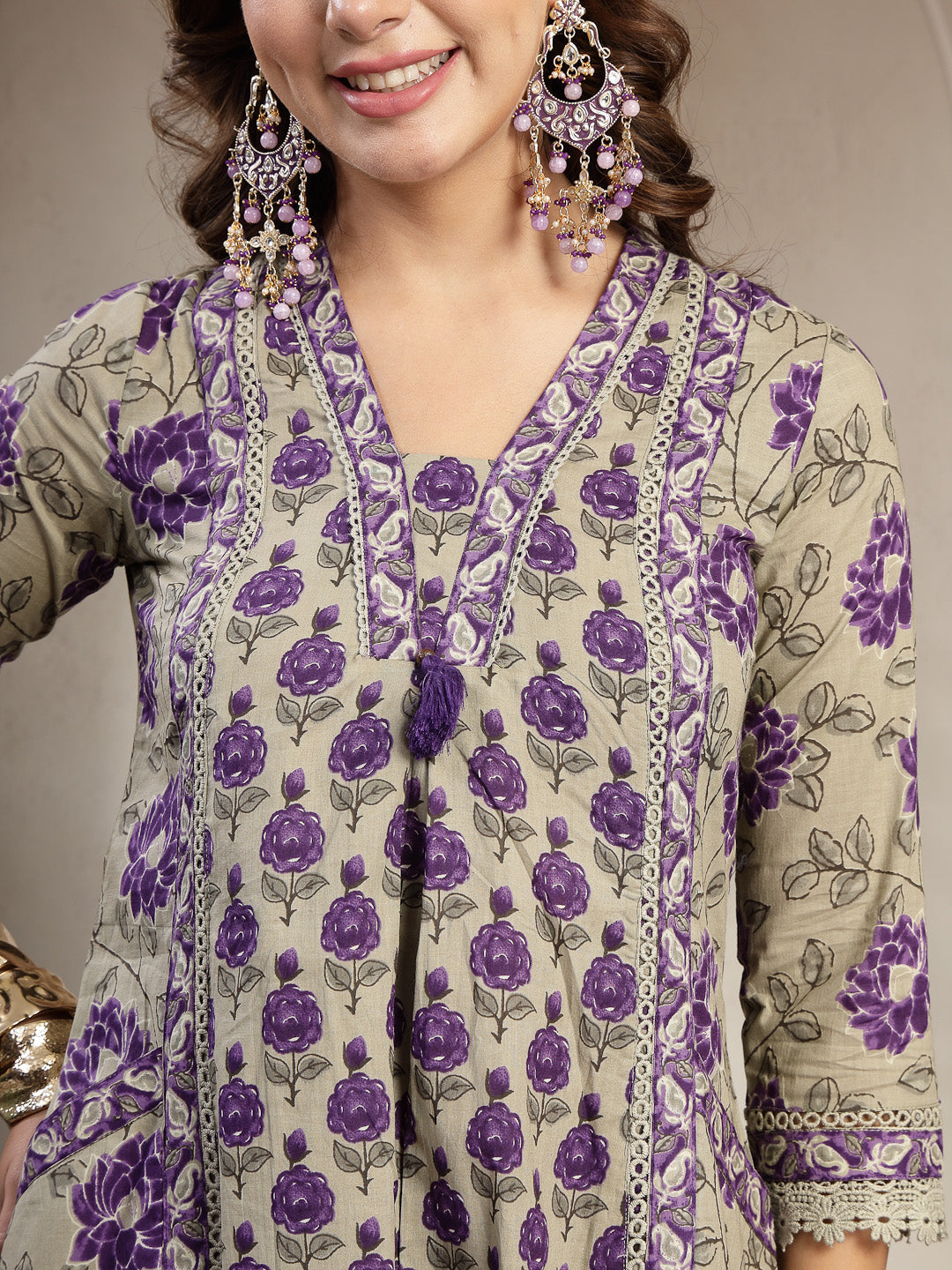 Cotton Calf Length Printed 3/4 Sleeve V-Neck A-Line Kurta Suit Set