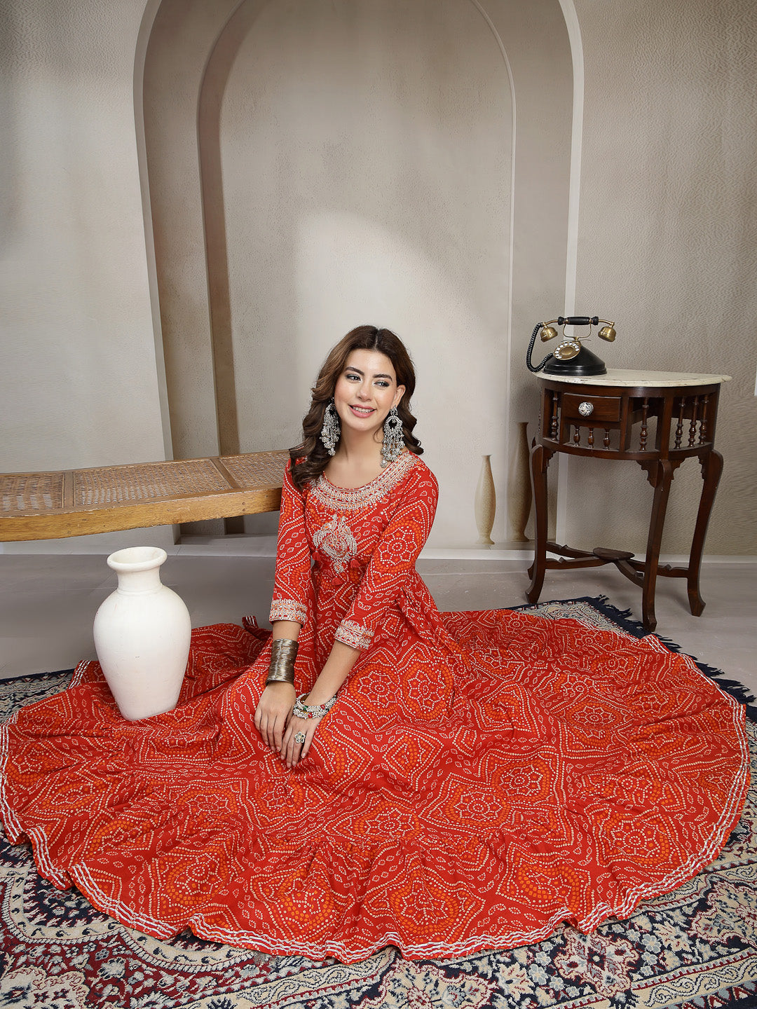 Cotton Ankle Length Printed 3/4 Sleeve Round Neck Flared Kurta