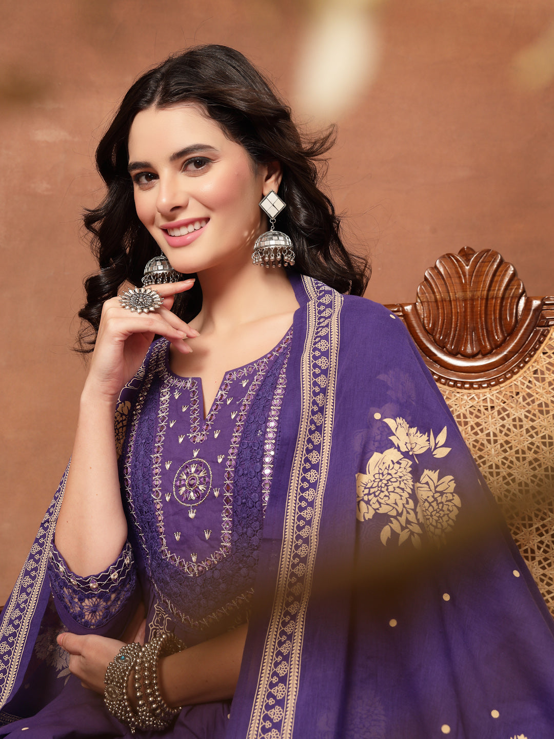 Flared Printed Cotton Round Neck Kurta Set With Dupatta