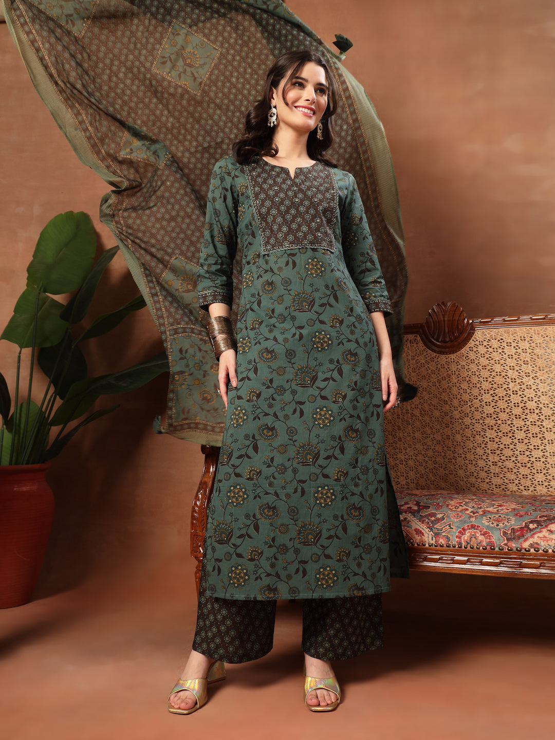 Straight Printed Cotton Round Neck Kurta Set With Dupatta