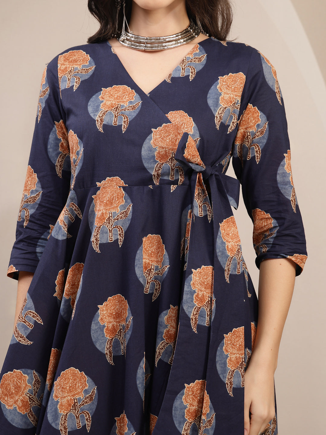 Cotton Calf Length Printed 3/4 Sleeve V-Neck Flared Kurta