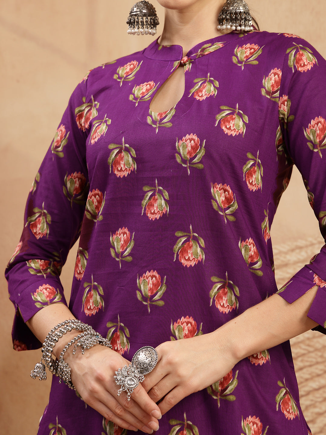 Rayon Calf Length Printed 3/4 Sleeve Key Hole Neck Straight Kurta