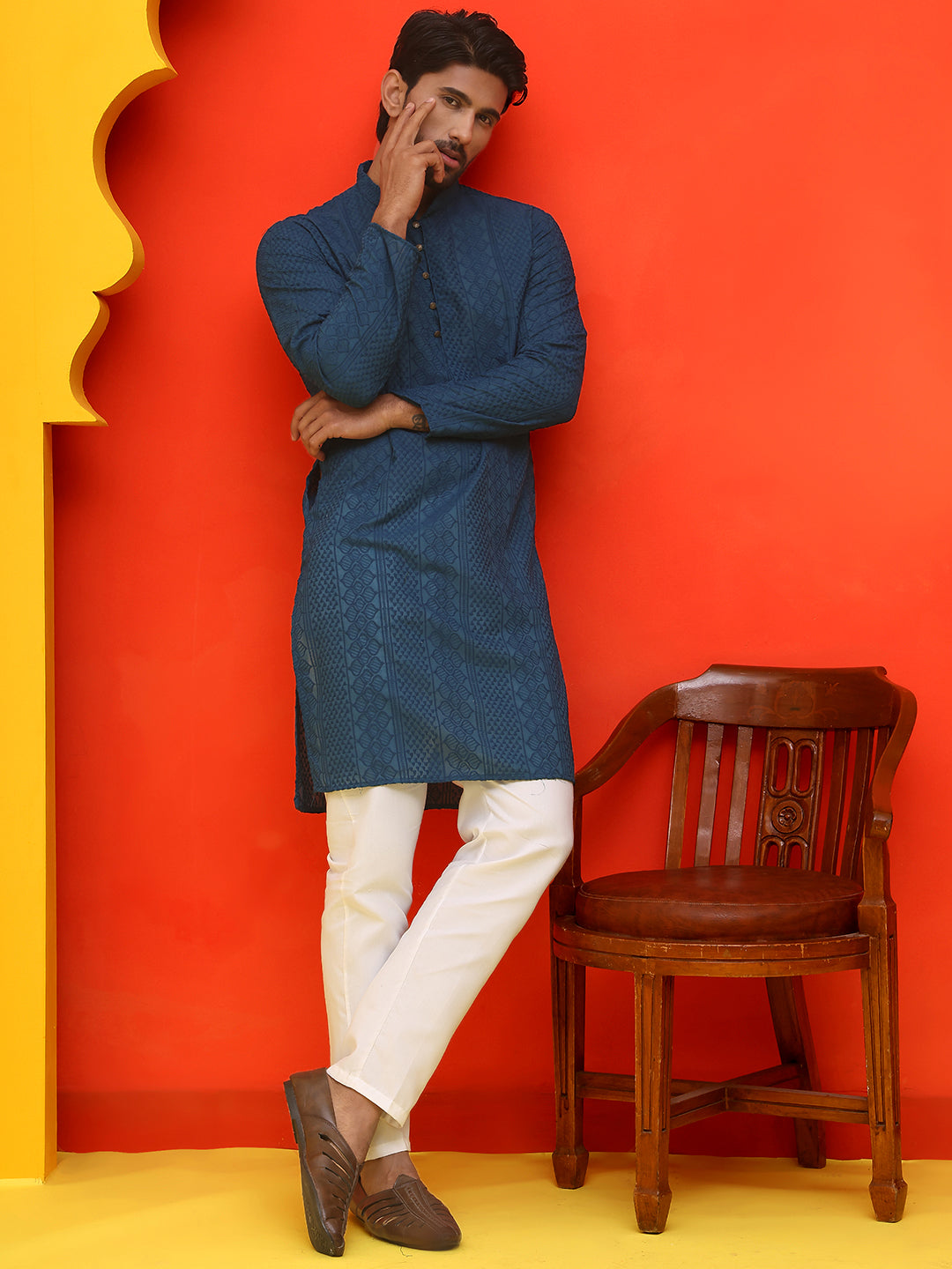 Embroidered Cotton Kurta With Churidar