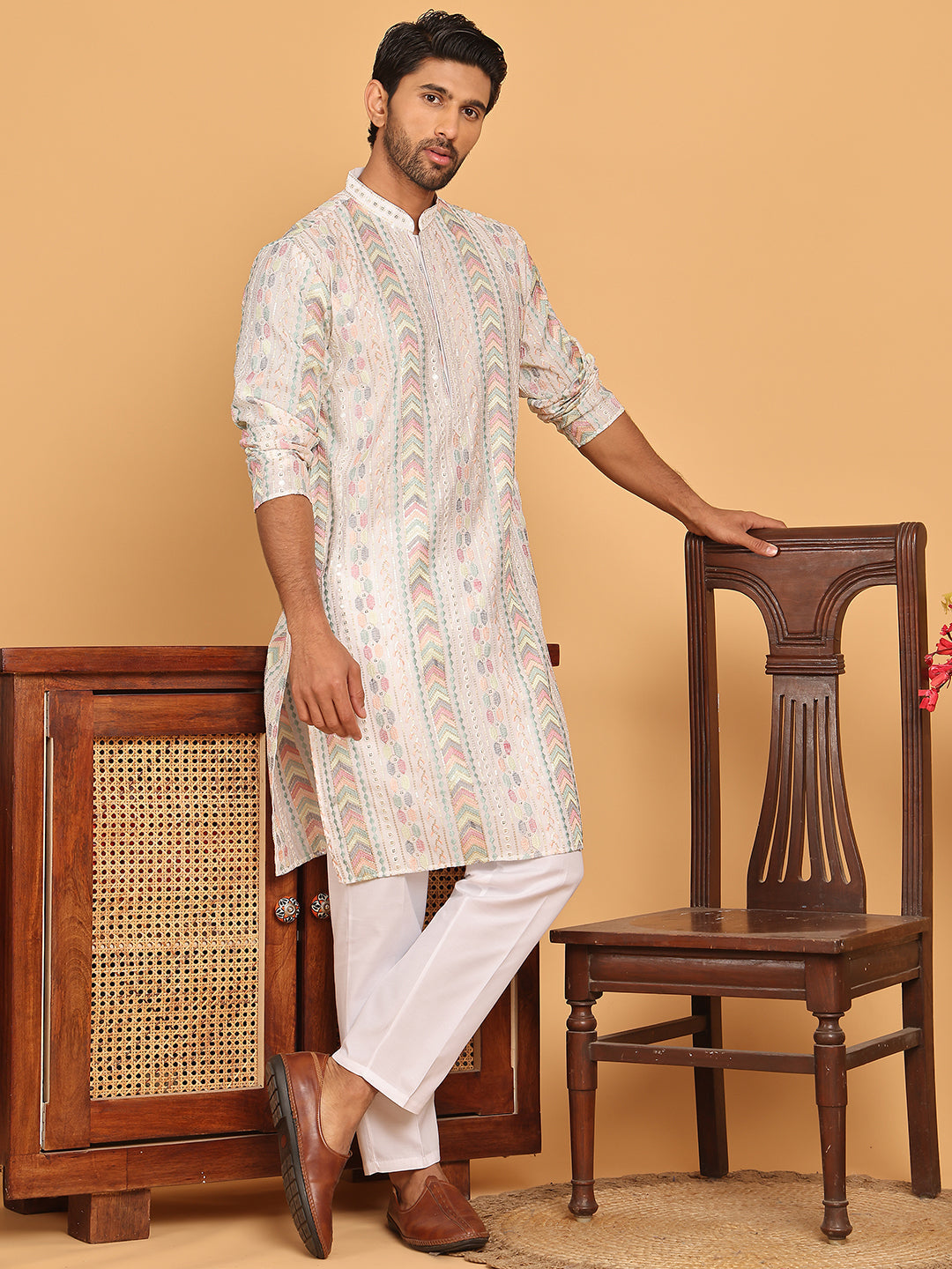 Embroidered And Sequins Kurta Pyjama Set For Men
