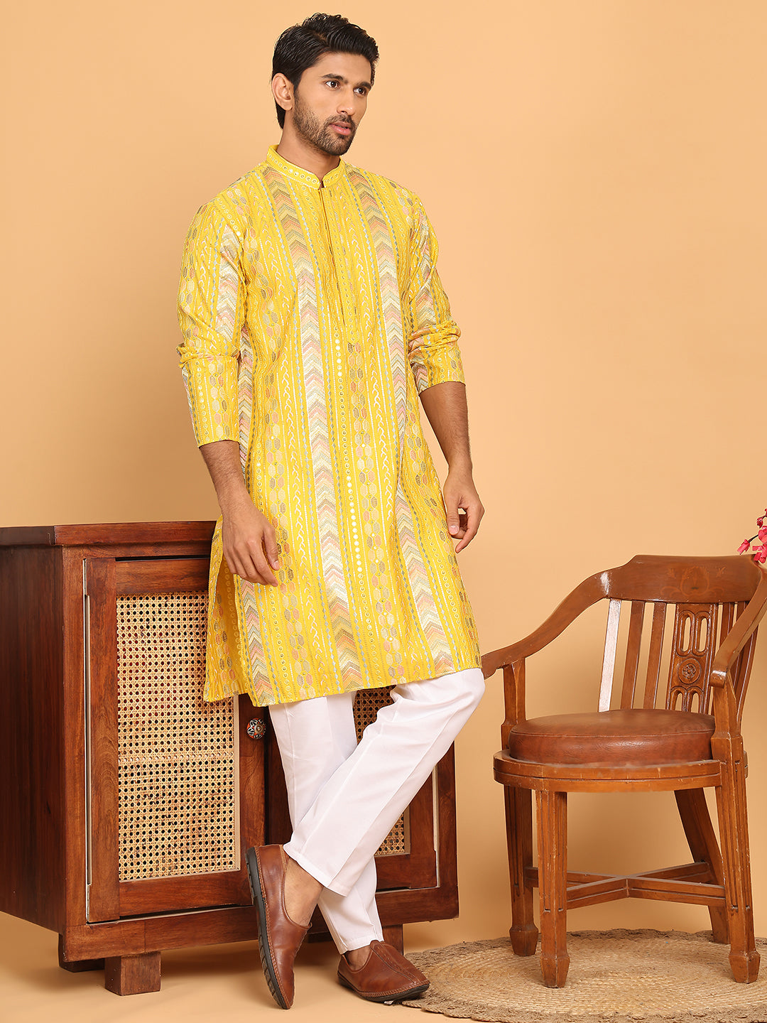 Embroidered And Sequins Kurta Pyjama Set For Men