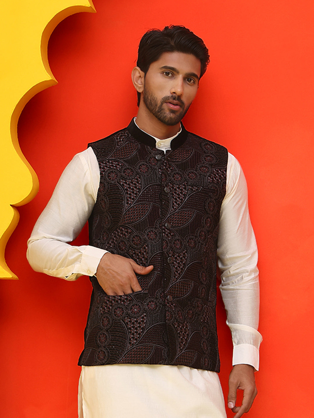 Black Embroidered Velvet Nehru Jacket For Men