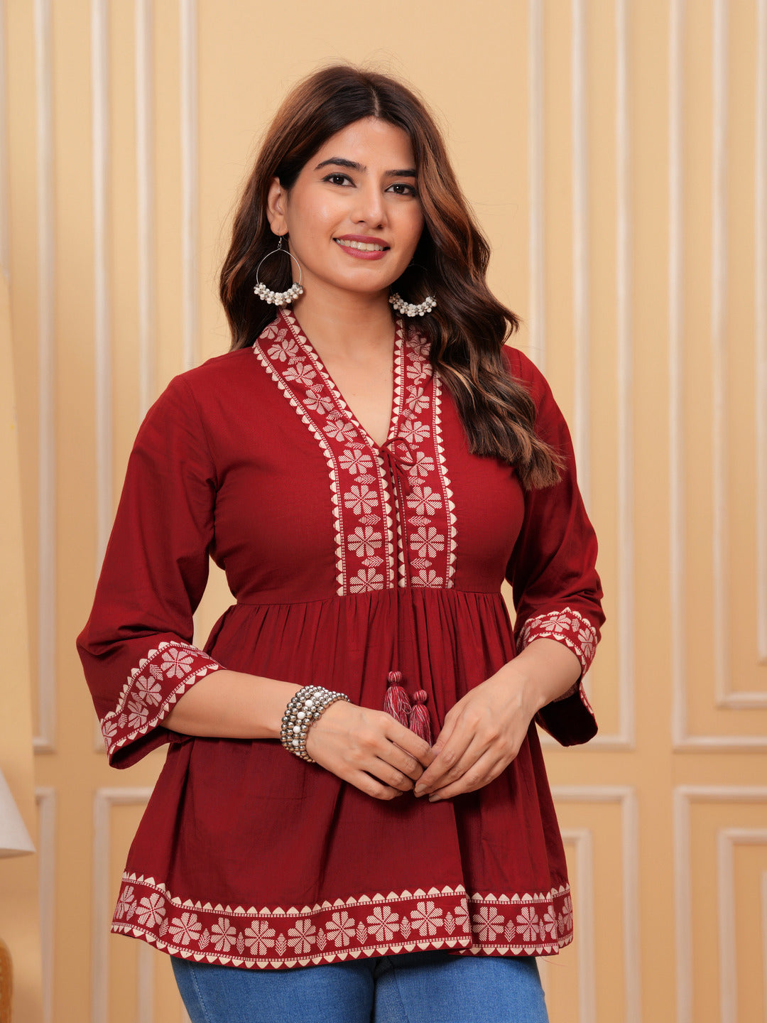 Maroon Solid Tops & Tunic - Cotton Fabric, 3/4 sleeves, V-Neck and hips Length.