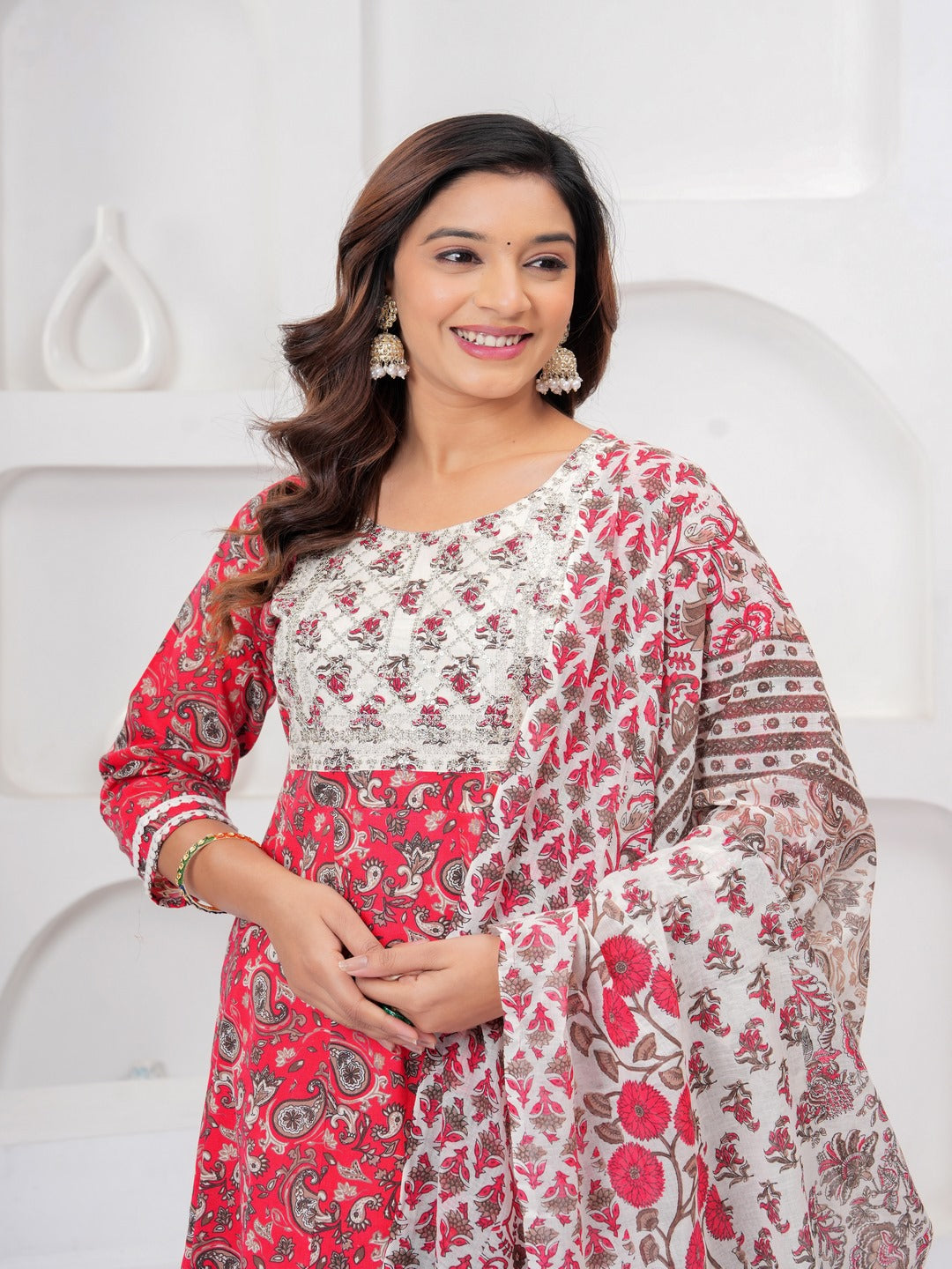 Red Floral Print Kurta Bottom With Dupatta Set