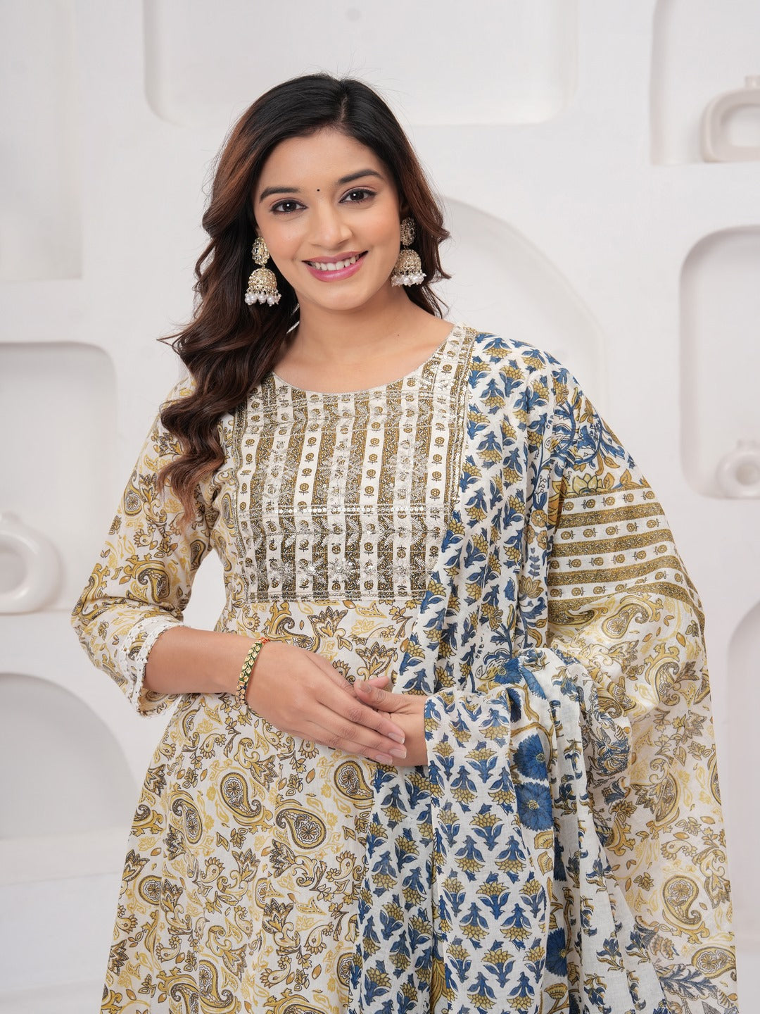 Yellow Floral Print Kurta Bottom With Dupatta Set