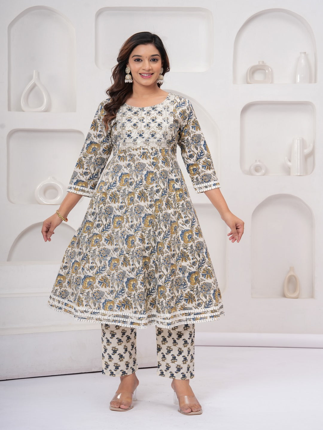 Yellow Floral Print Kurta Bottom With Dupatta Set