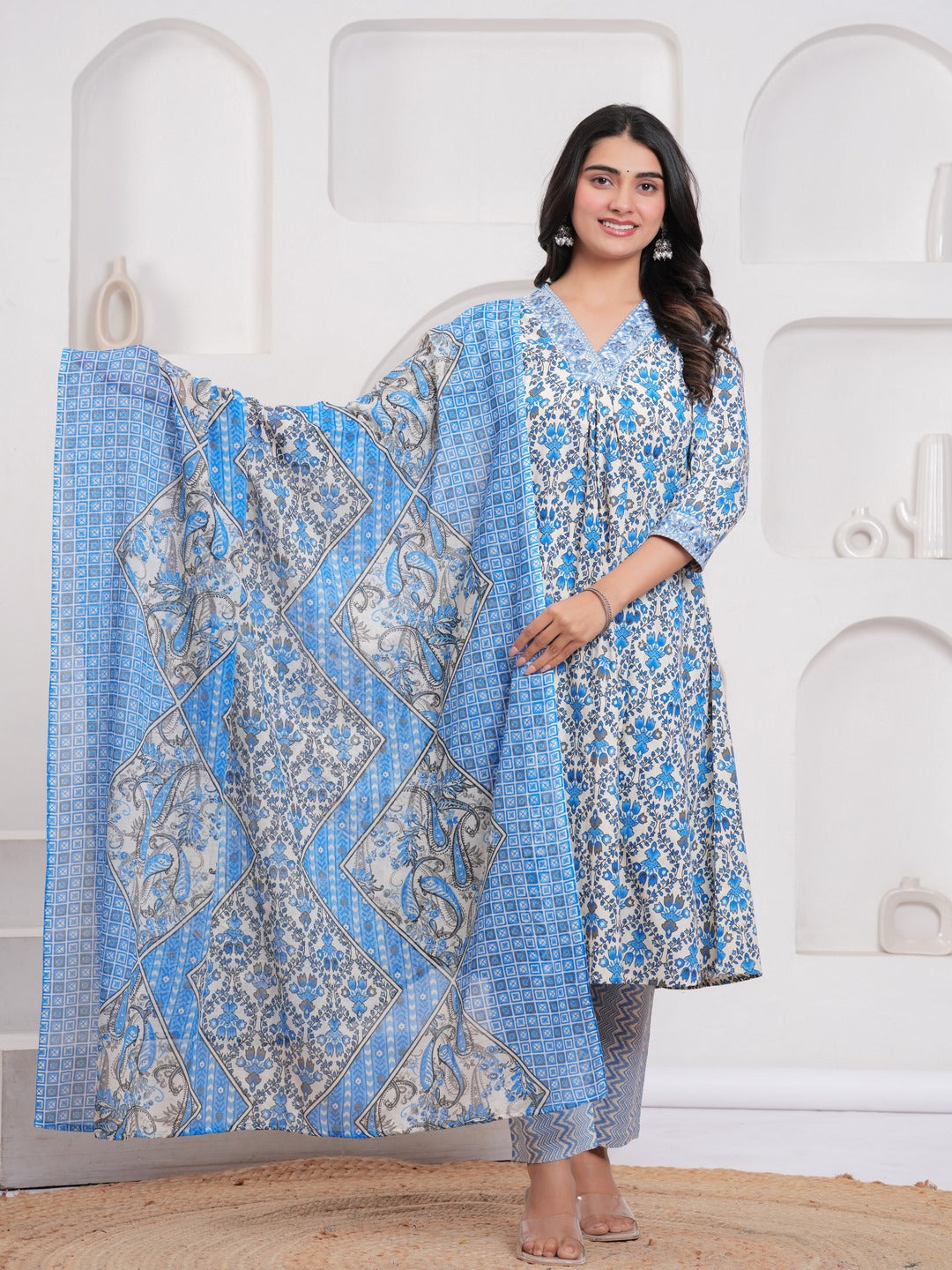 Blue Floral Print Kurta Pant Dupatta Set