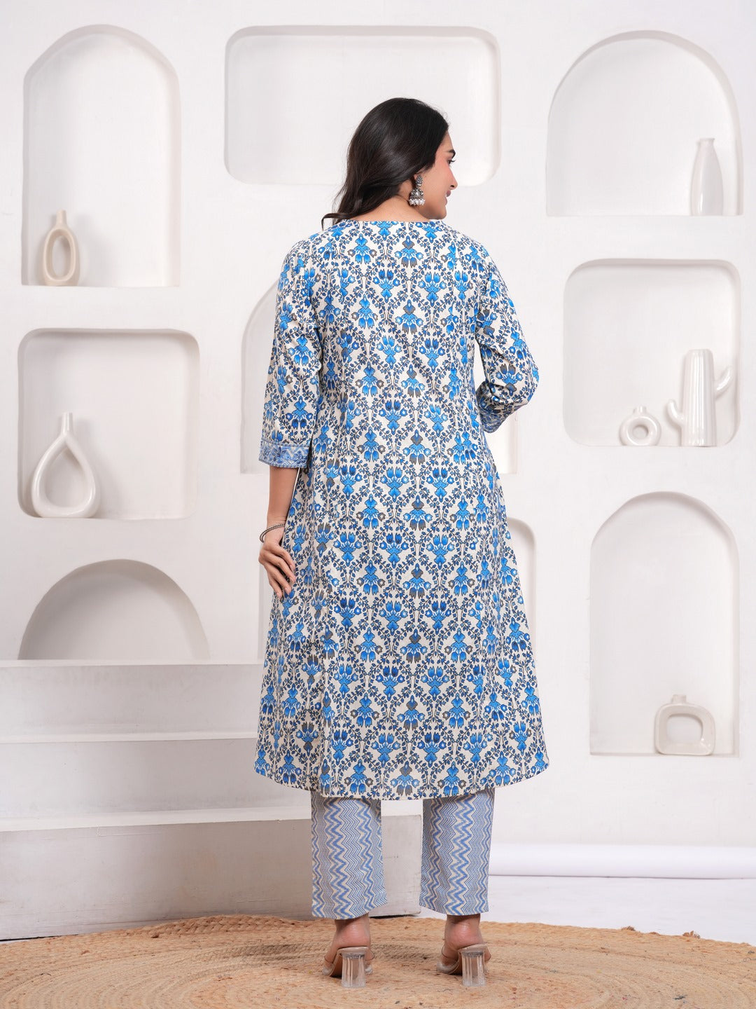 Blue Floral Print Kurta Pant Dupatta Set