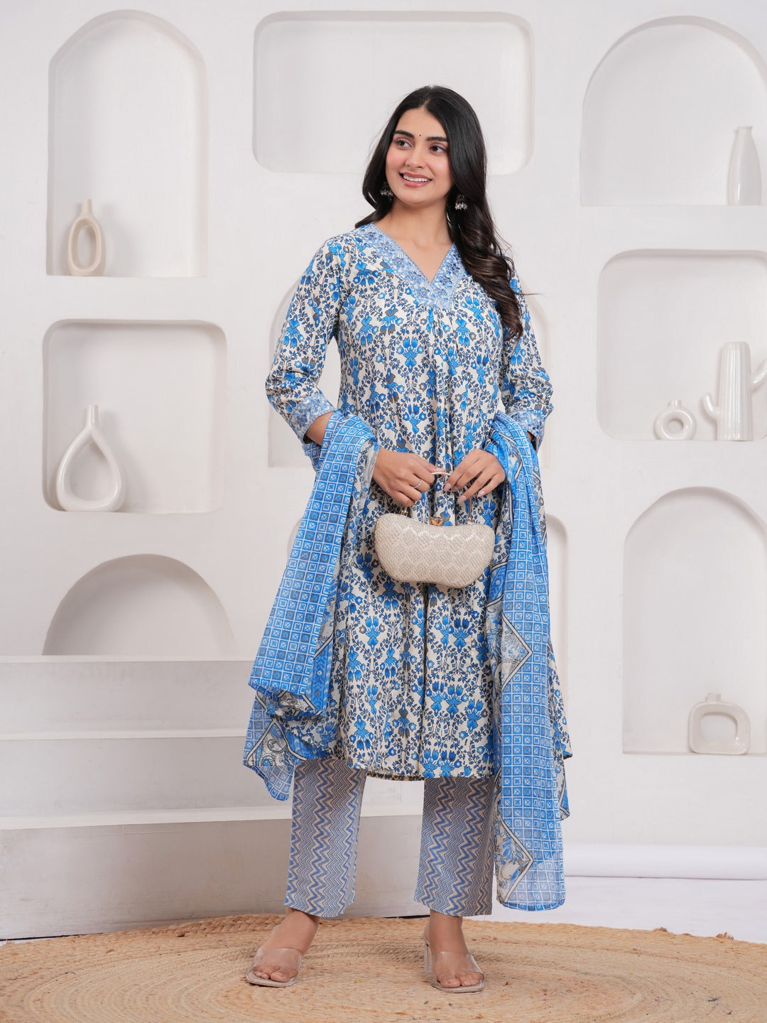 Blue Floral Print Kurta Pant Dupatta Set