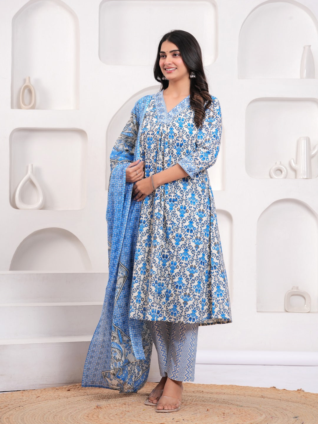 Blue Floral Print Kurta Pant Dupatta Set