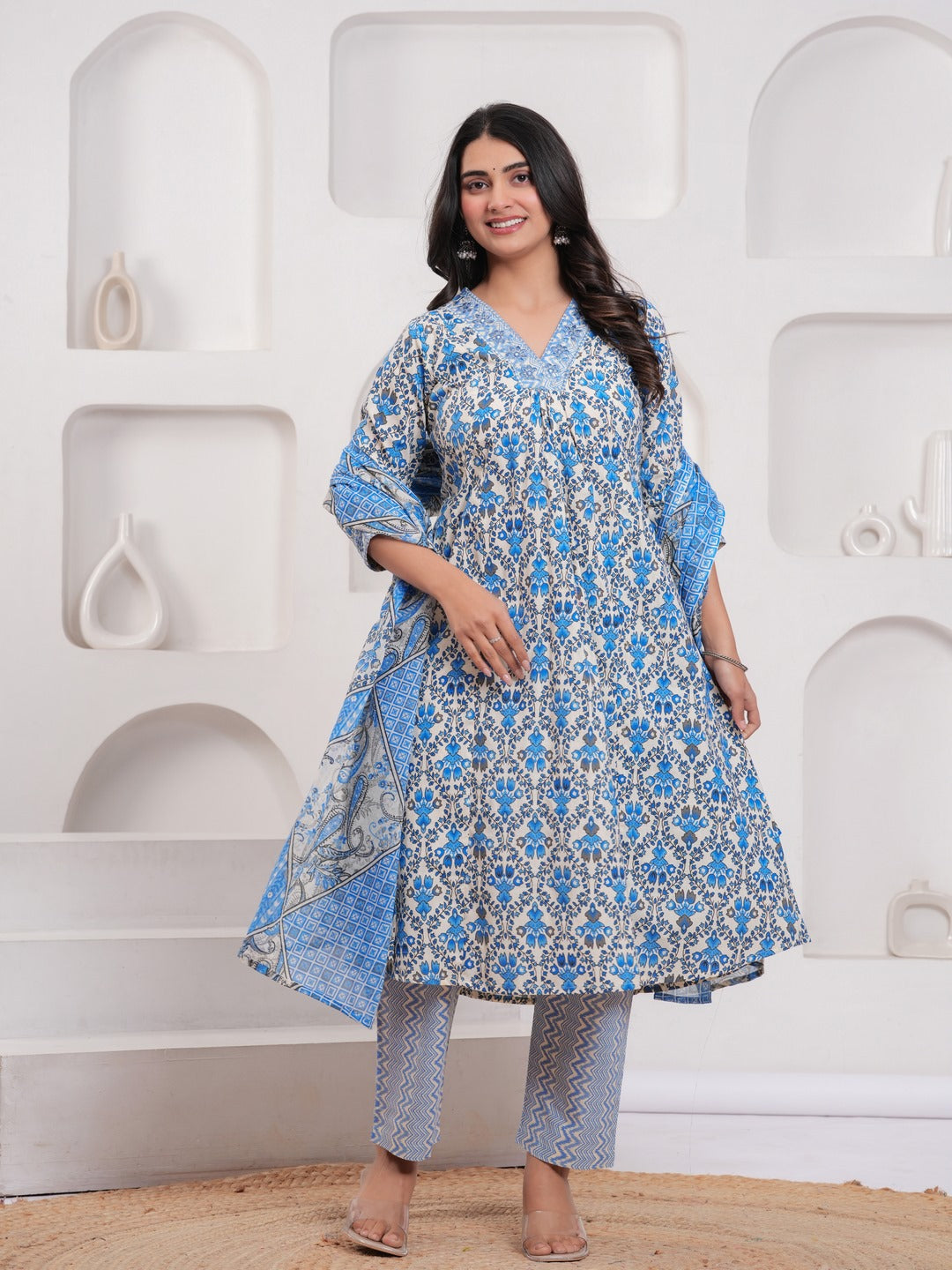 Blue Floral Print Kurta Pant Dupatta Set