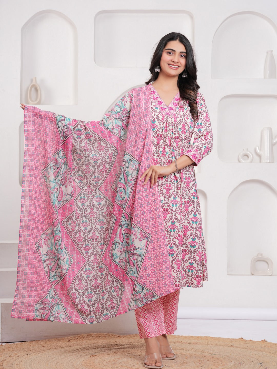Pink Floral Print Kurta Pant Dupatta Set