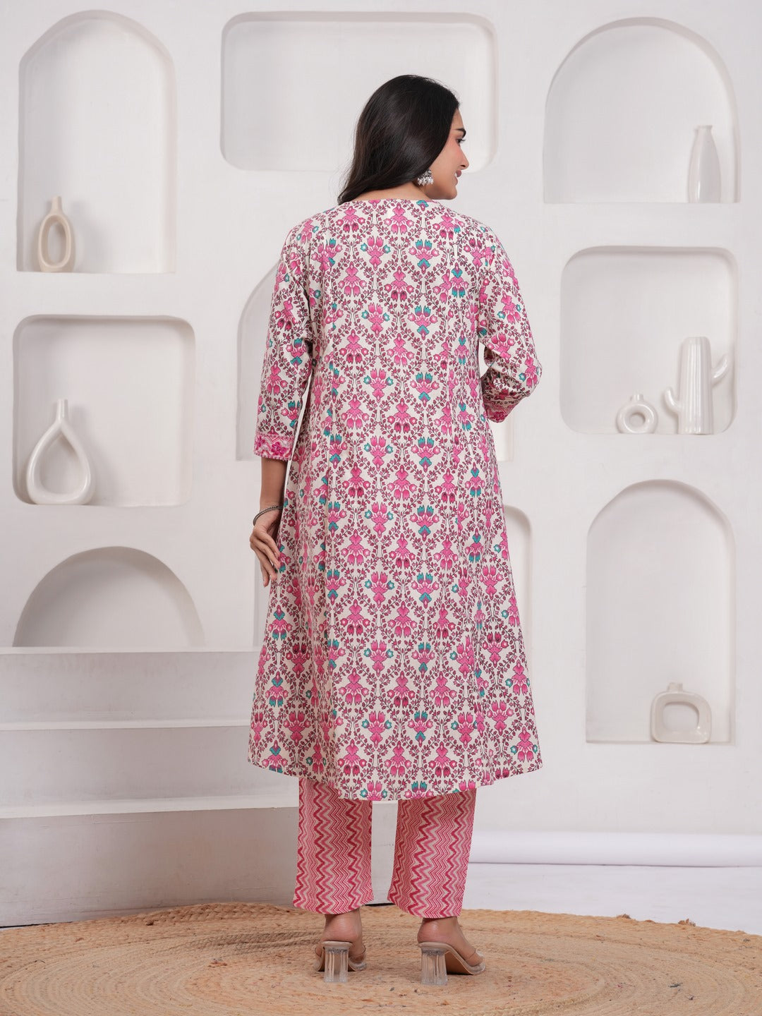 Pink Floral Print Kurta Pant Dupatta Set