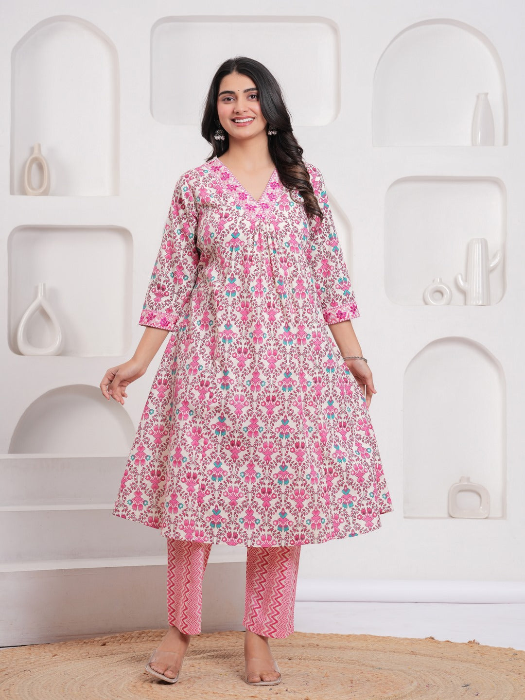 Pink Floral Print Kurta Pant Dupatta Set
