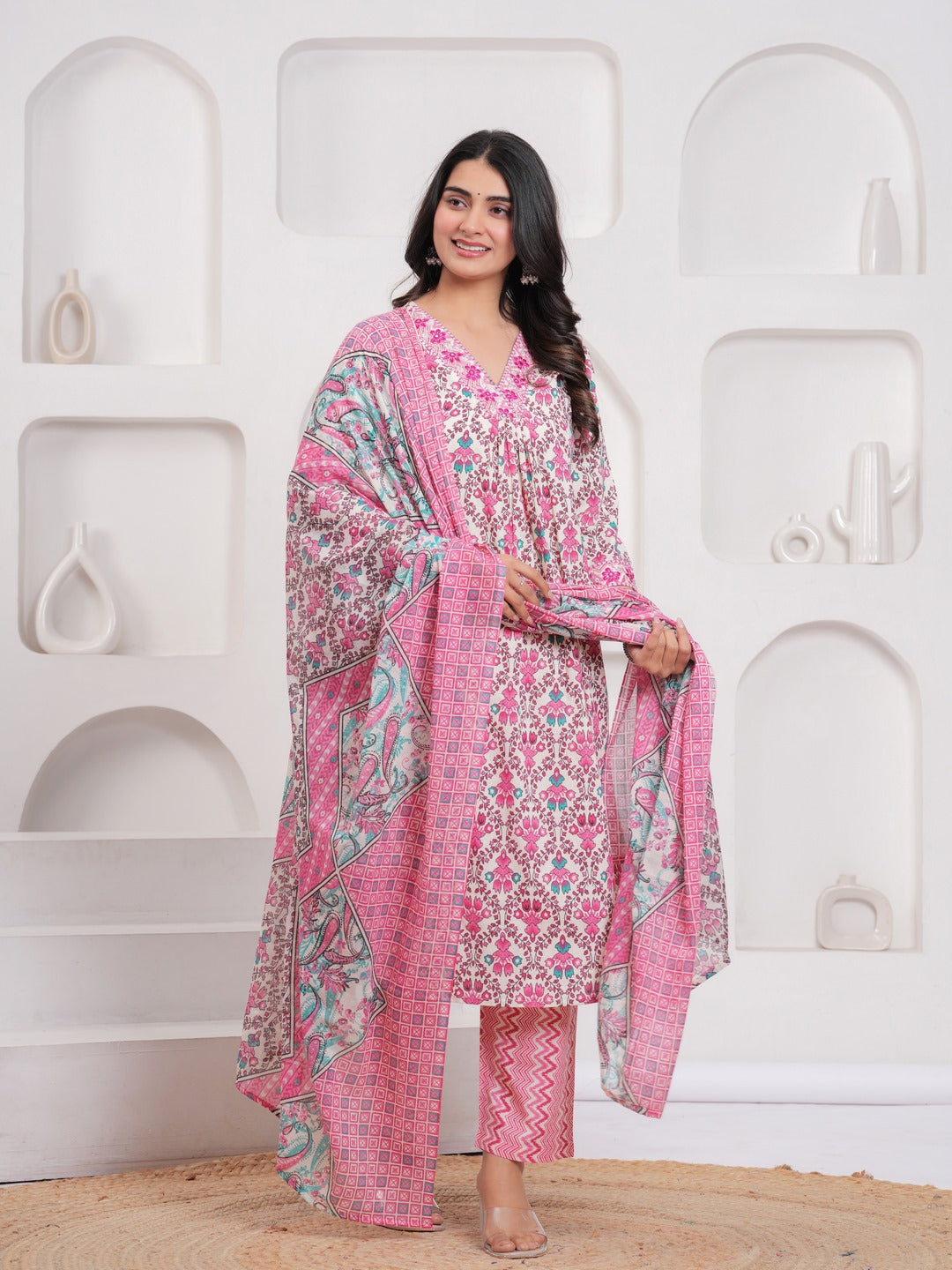 Pink Floral Print Kurta Pant Dupatta Set