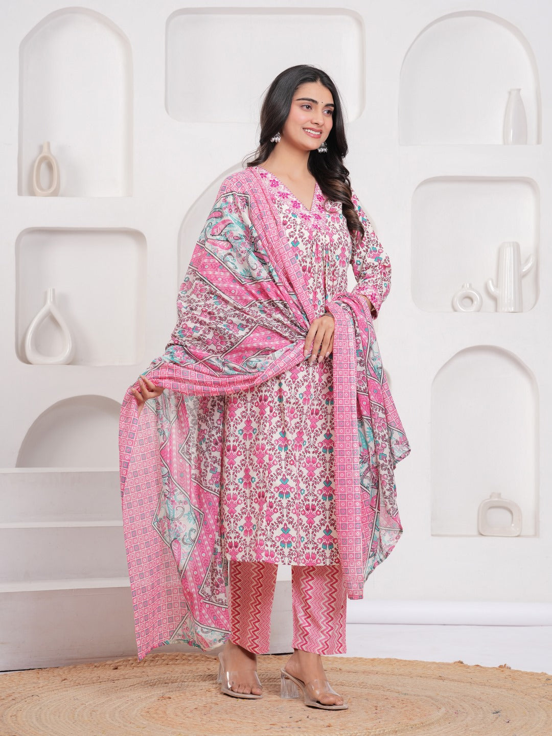 Pink Floral Print Kurta Pant Dupatta Set
