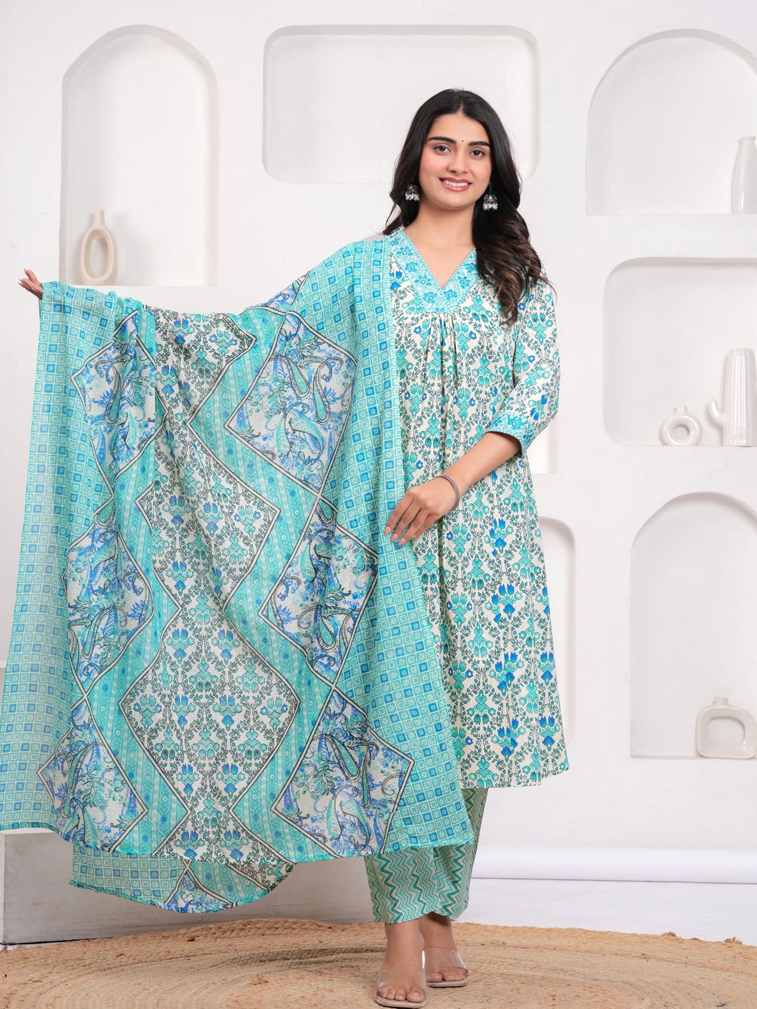 Sky Blue Floral Print Kurta Pant Dupatta Set