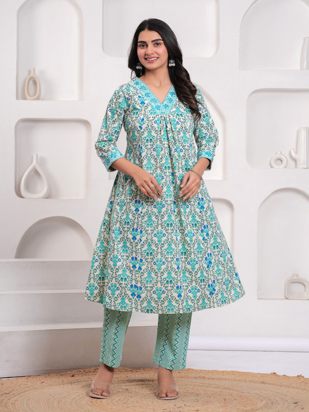 Sky Blue Floral Print Kurta Pant Dupatta Set