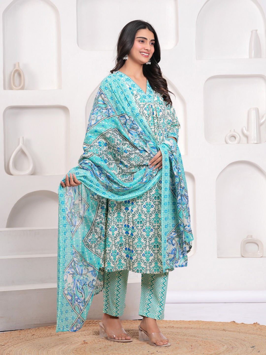 Sky Blue Floral Print Kurta Pant Dupatta Set