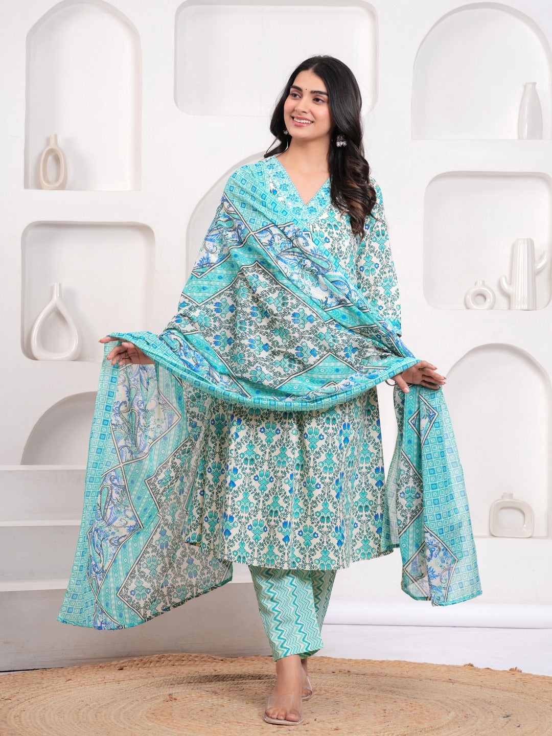 Sky Blue Floral Print Kurta Pant Dupatta Set