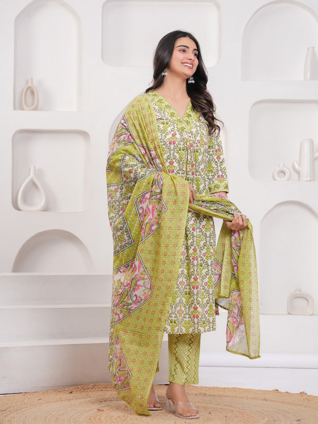 Yellow Floral Print Kurta Pant Dupatta Set
