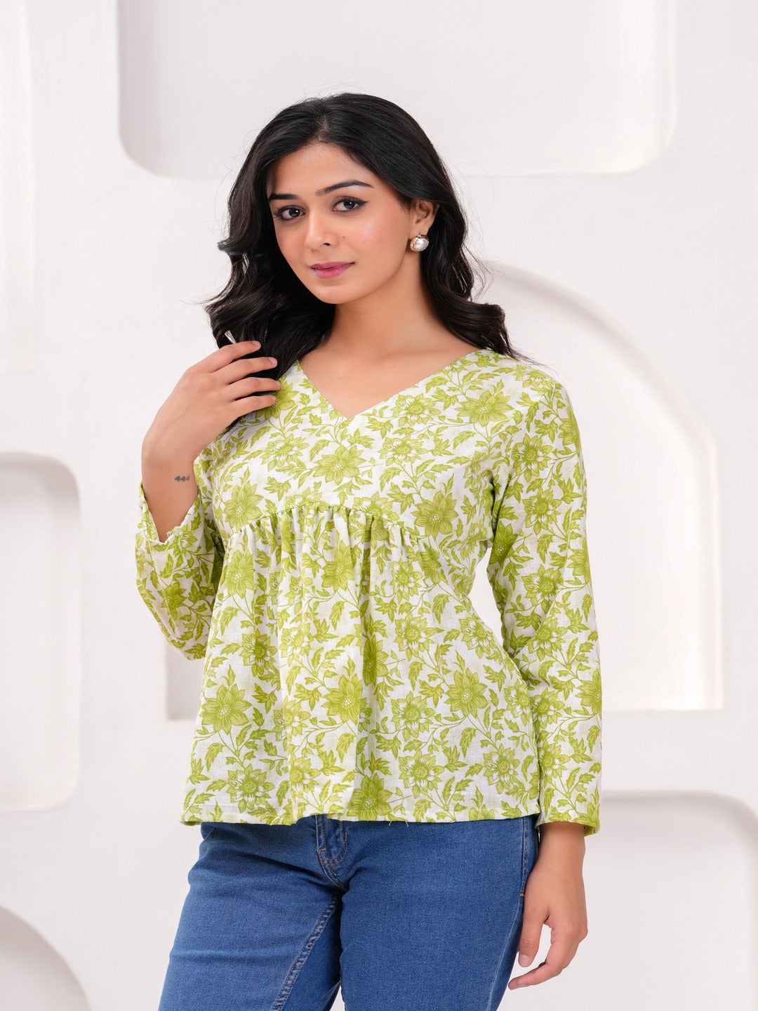Parrot Green Cotton Floral Top
