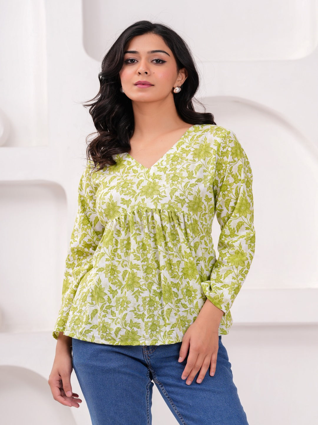 Parrot Green Cotton Floral Top
