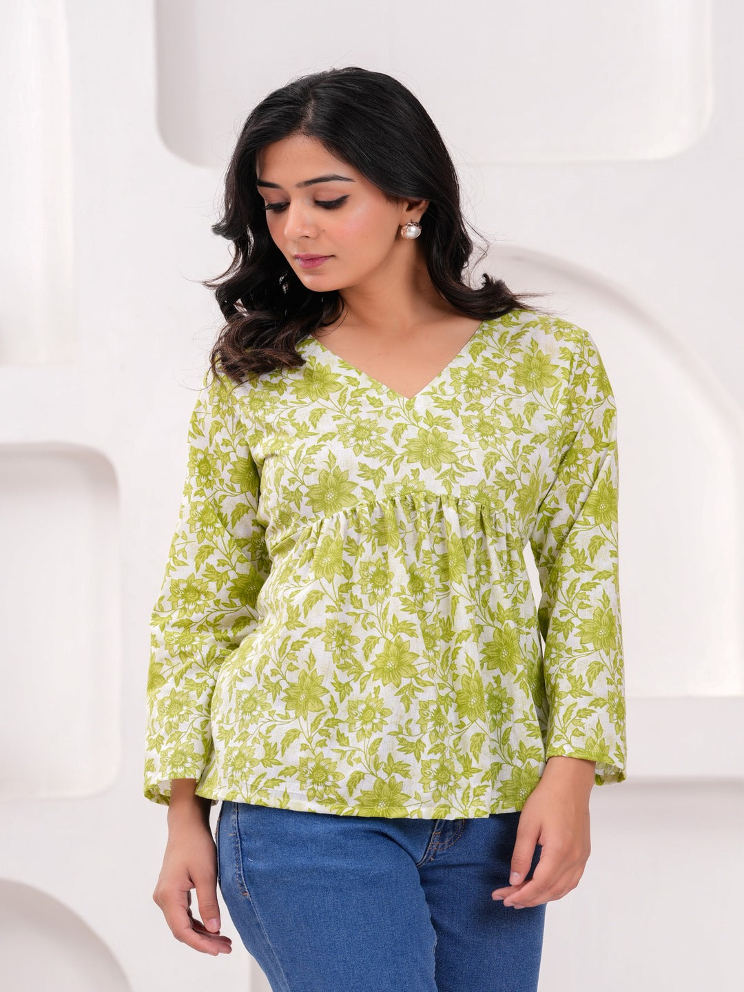 Parrot Green Cotton Floral Top