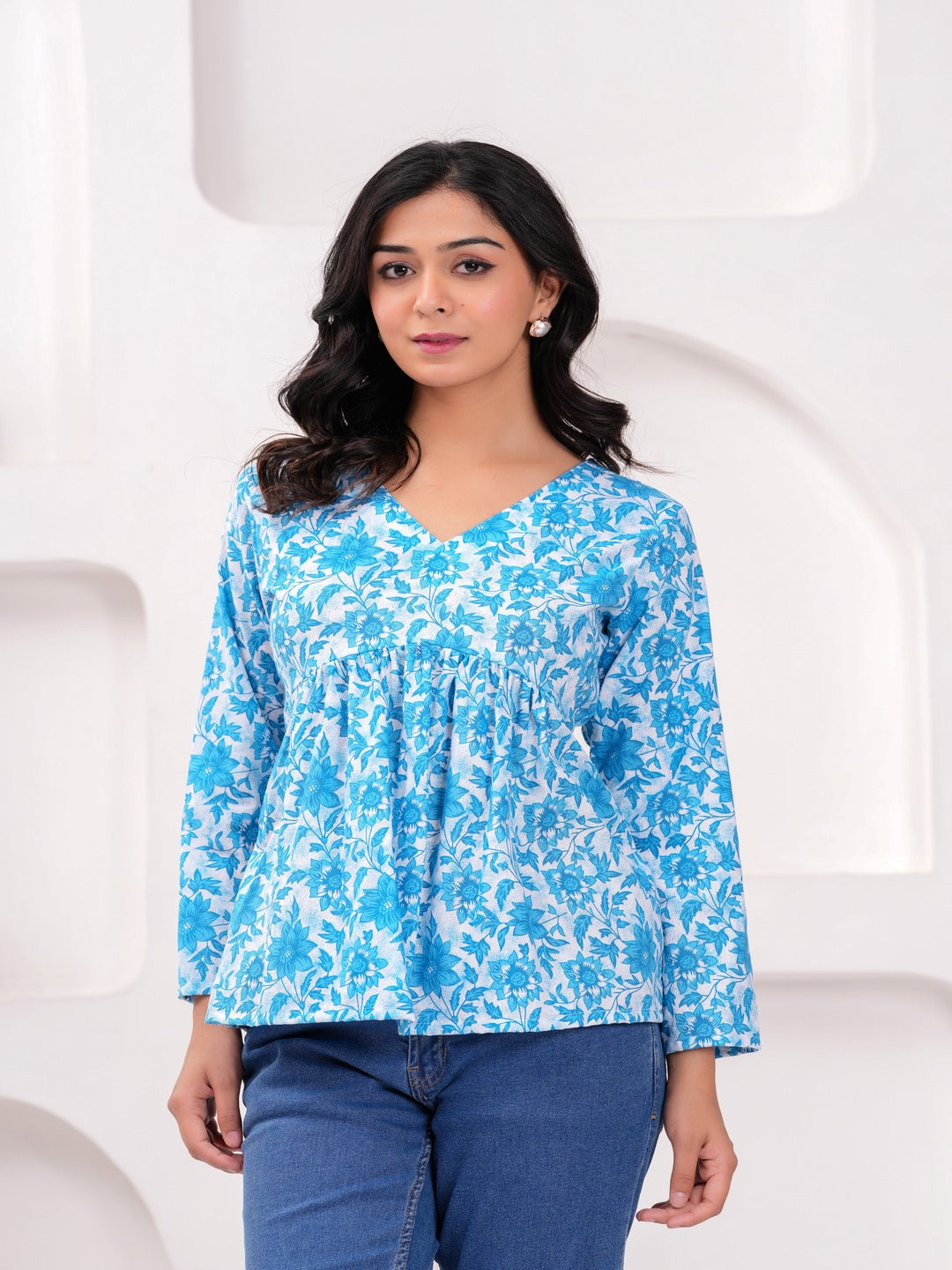 Turquoise Cotton Floral Top